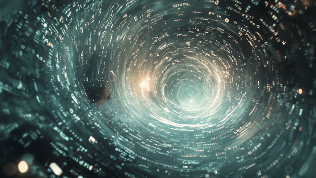 CRM for Business Growth - Unlocking Business Growth: How CRM Can Transform Your Operations A person surrounded by a swirling vortex of digital data, looking overwhelmed but with a small, hopeful light appearing in the distance, symbolizing a solution.