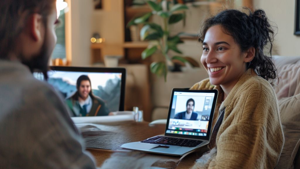 A person is sitting comfortably at a table, smiling while looking at their laptop screen. The screen shows a video call with another person, implying an online therapy session. The background is a cozy living room setting with natural light.