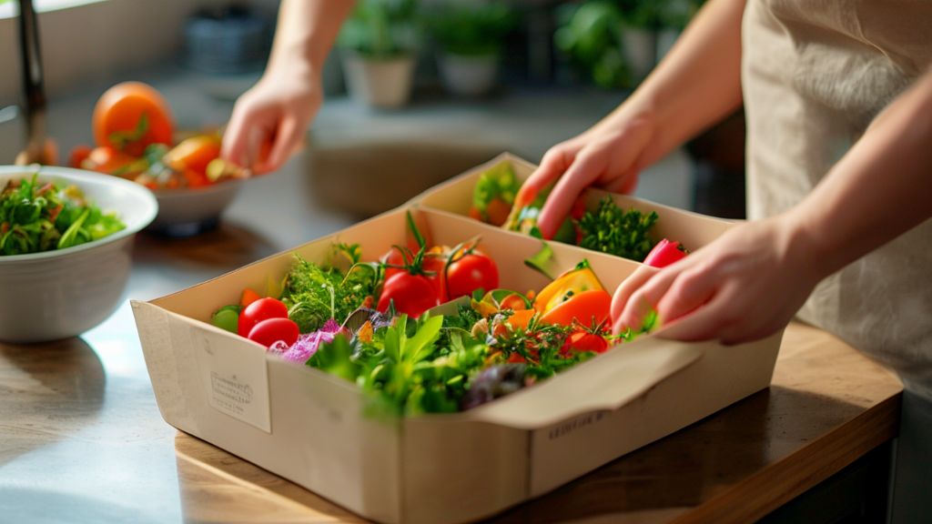 meal kits - The Fickle Feast: Why Meal Kits Struggle to Keep Us Coming Back for Seconds A brightly lit kitchen counter with an open meal kit box, revealing fresh, colorful ingredients neatly arranged. A person's hands are visible, about to start preparing the meal, suggesting convenience and the promise of a delightful cooking experience.