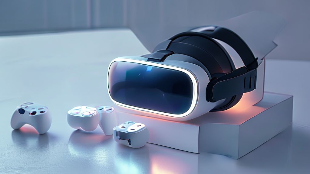 Oculus Quest VR Experience - Unboxing the Oculus Quest: Your Ultimate Guide to the VR Experience A sleek, futuristic virtual reality headset and two touch controllers are neatly arranged in an open box, glowing with a soft, inviting light. The background is a clean, minimalist table, suggesting ease of setup and modern technology.