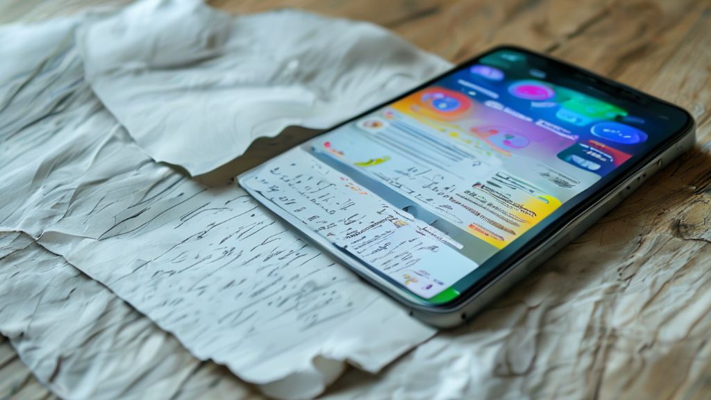 A crumpled sheet of paper with handwritten notes and blurry diagrams rests beside a modern smartphone displaying a colorful exercise app interface.