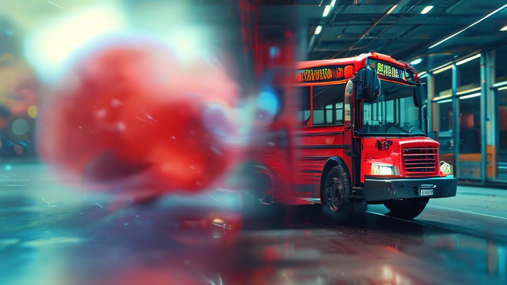 A split image comparing a blurry, abstract blob on the left with a detailed, photorealistic image of a red school bus on the right, illustrating the progress of AI image generation.