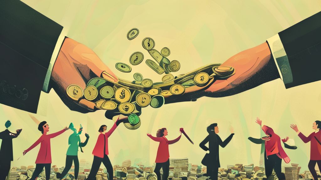 A graphic depicting money flowing from the hands of a stylized government figure towards eager individuals and small businesses below. The money is represented by flowing coins and currency symbols.