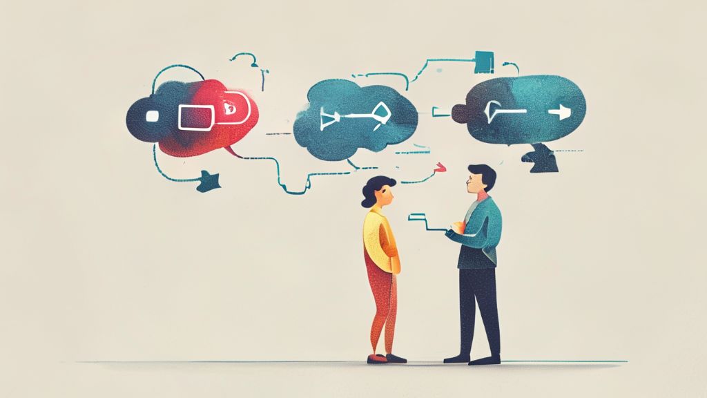 A simple illustration depicts two stylized people standing with thought bubbles showing digital icons and arrows flowing between them, suggesting the exchange of ideas or digital assets.