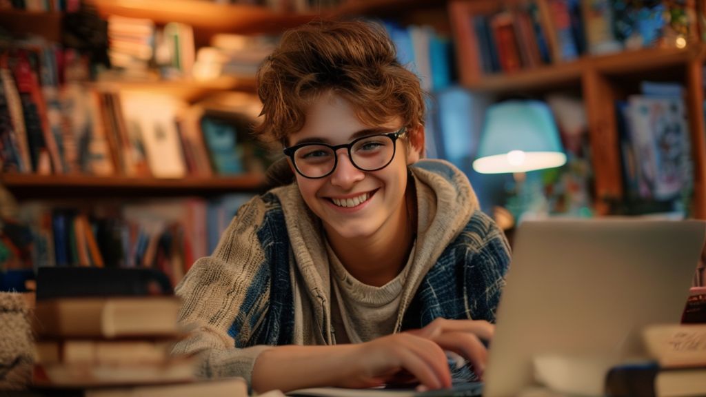 A young student with glasses smiling while typing diligently on a laptop in a cozy, well-lit room, surrounded by books.